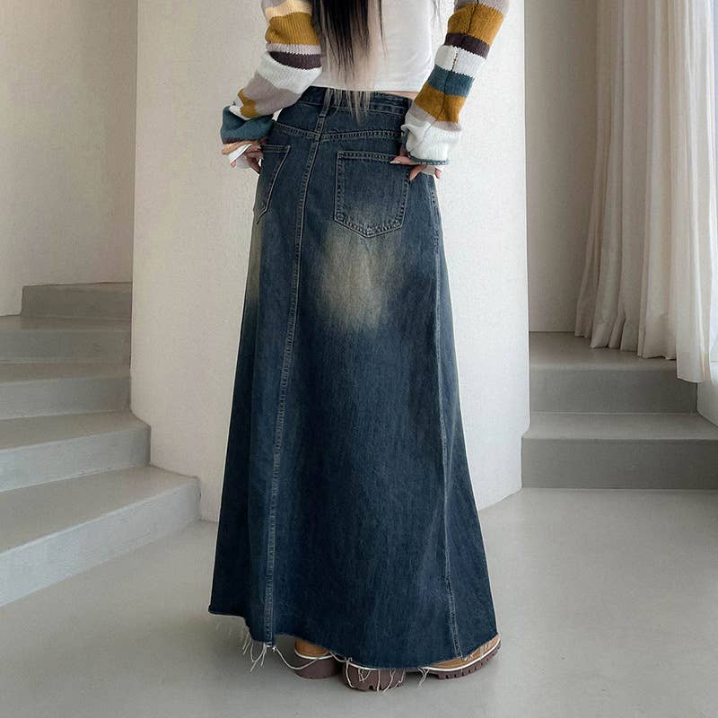Women's Denim Maxi Skirt Frayed Hem Blue Cotton Casual Long Skirt — Image 3
