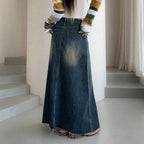 Women's Denim Maxi Skirt Frayed Hem Blue Cotton Casual Long Skirt — Image 3