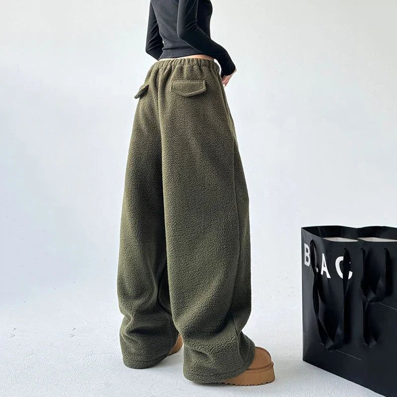 Women's Wide Leg Sherpa Fleece Lounge Pants with Drawstring - Black, Brown, Green Polyester — Image 6