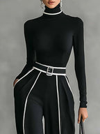 Women's Elegant Pants Set: Turtleneck Long Sleeve Top & Wide Leg Pants with Belt, Black/Gray — Image 3