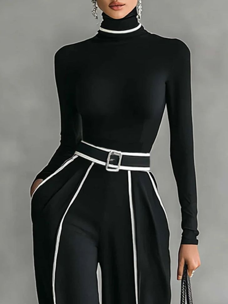 Women's Elegant Pants Set: Turtleneck Long Sleeve Top & Wide Leg Pants with Belt, Black/Gray — Image 3