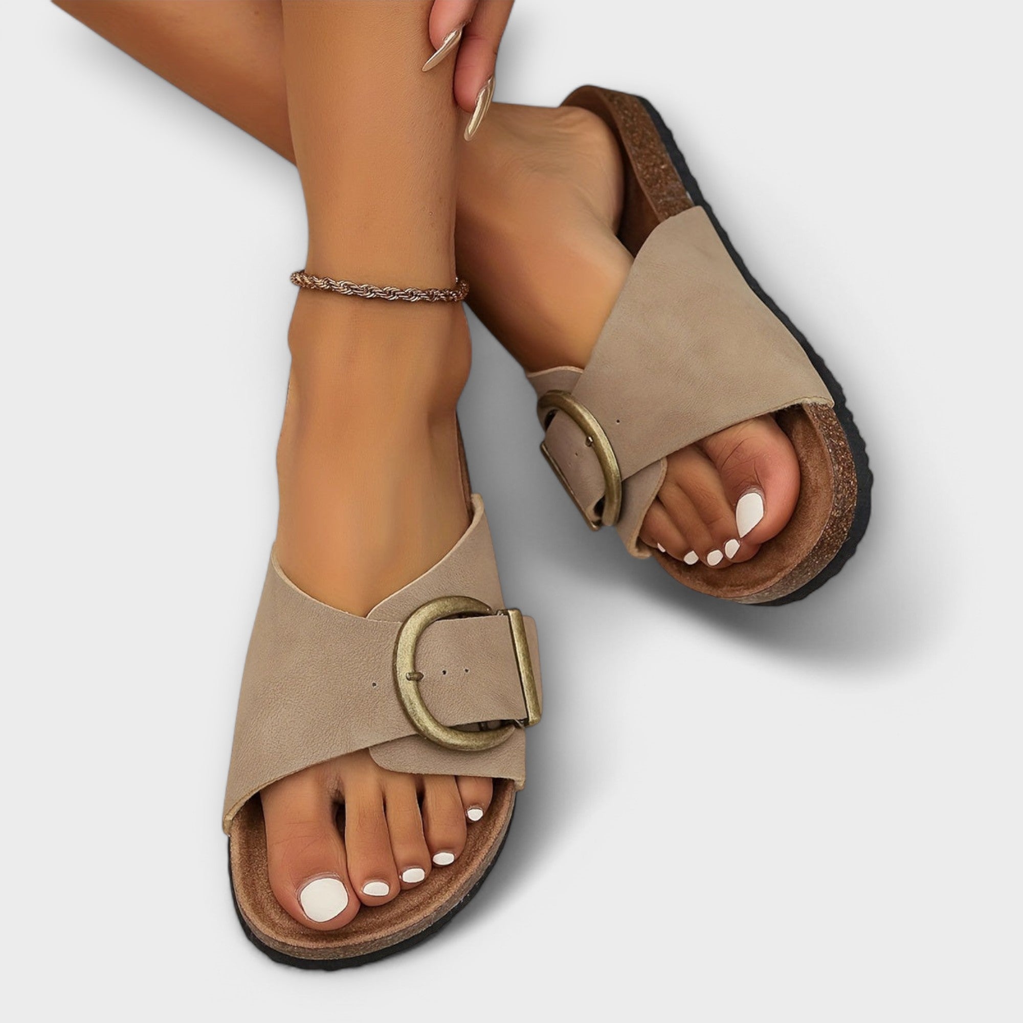 Pin Podaway Women's Slip-On Sandals Cork Footbed Adjustable Buckle Black — Image 5