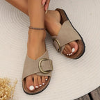Women's Stylish Buckle Strap Sandals - Beige, Pink, Black - Comfortable Cork Sole — Main Image