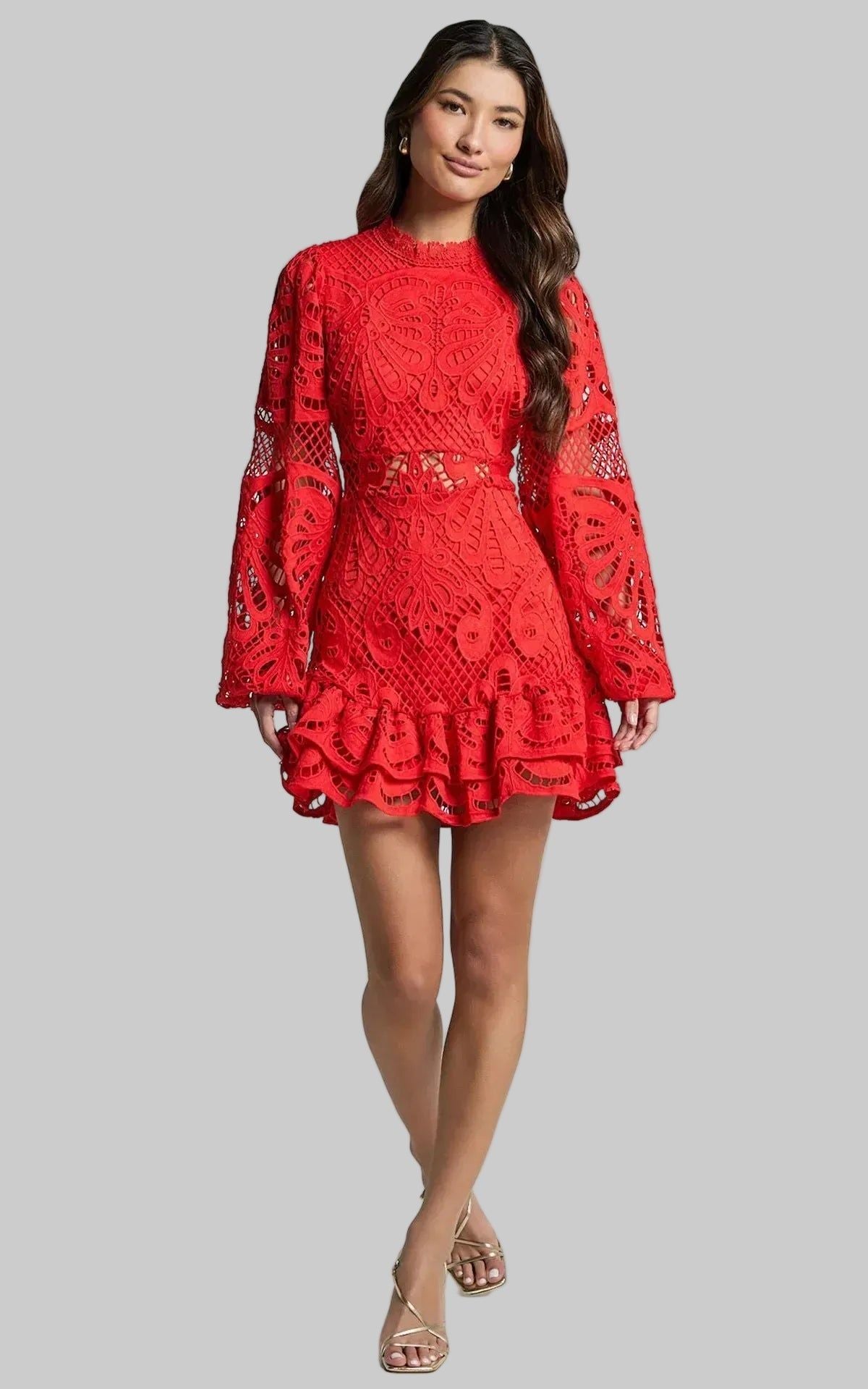 Lace Mini Dress Long Sleeve Ruffle Hem - Various Colors — Image 7