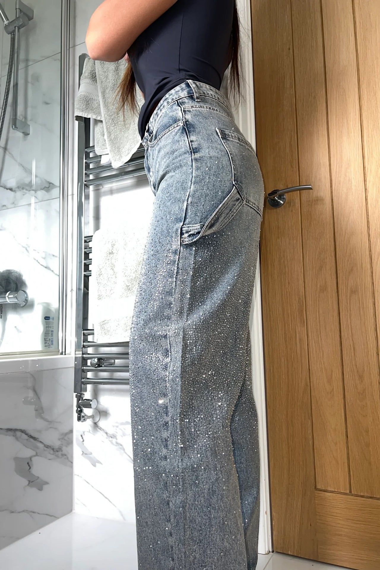 Women's Wide Leg Rhinestone Jeans, Light Wash Denim, High Waisted — Image 3