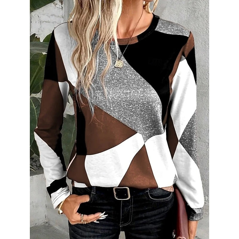 Women's Geometric Long Sleeve Top Soft Stretchy Casual Crew Neck Blouse Multicolor — Image 2