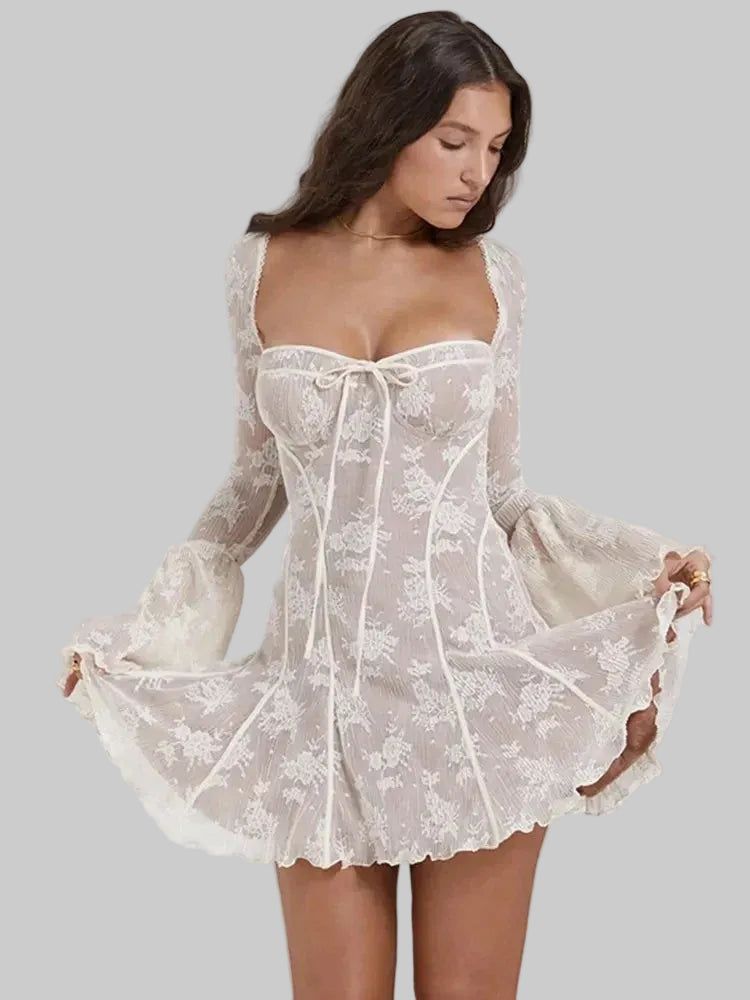 Lace Mini Dress with Bell Sleeves, Corset Detail, and Square Neck - Black Lace — Image 3