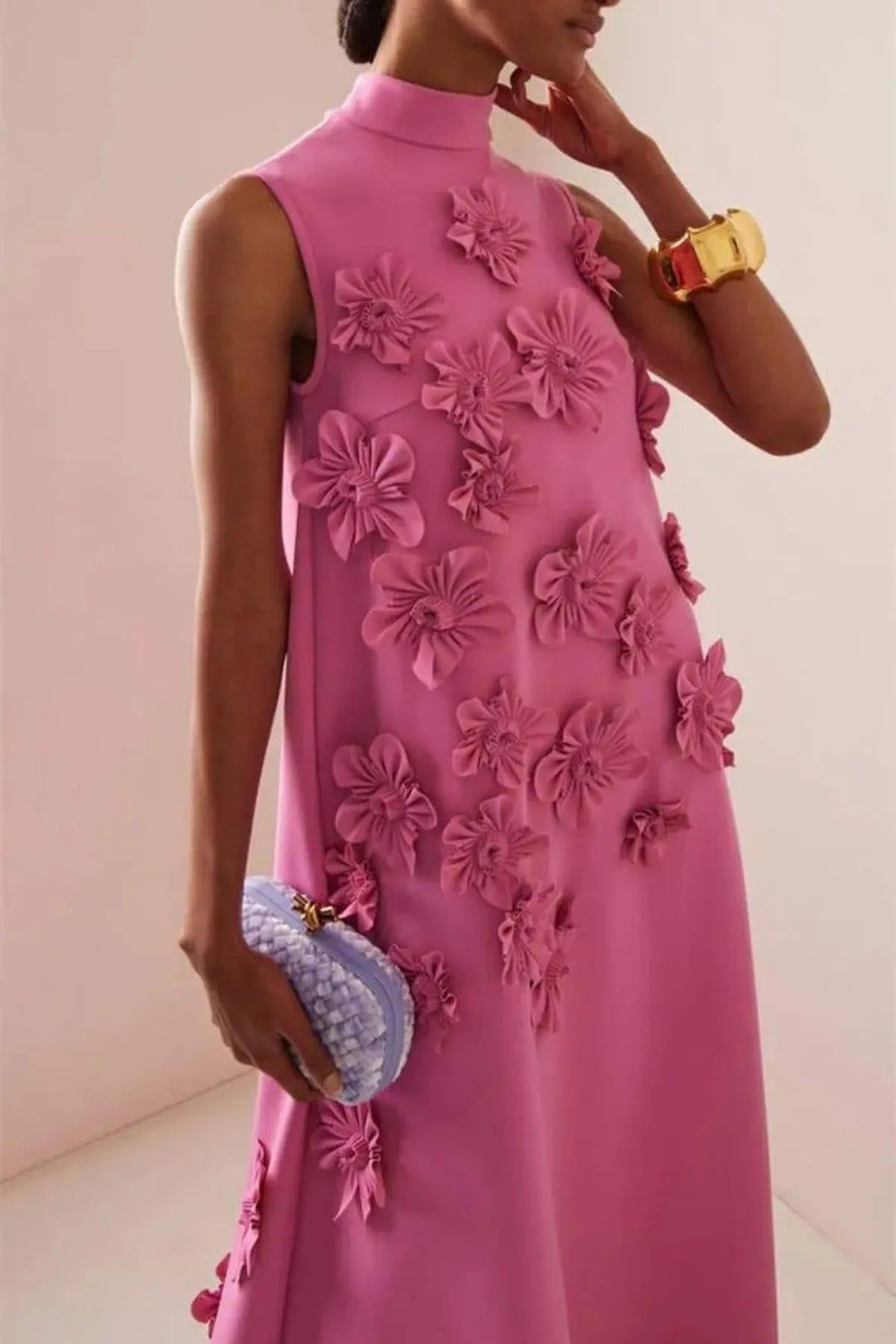 Pink Floral Appliqué Maxi Dress High Neck Sleeveless Women's Gown — Image 3