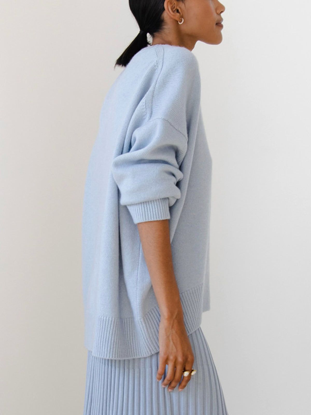 Cashmere Oversized Sweater, Sky Blue, Crew Neck, Ribbed Knit — Image 5