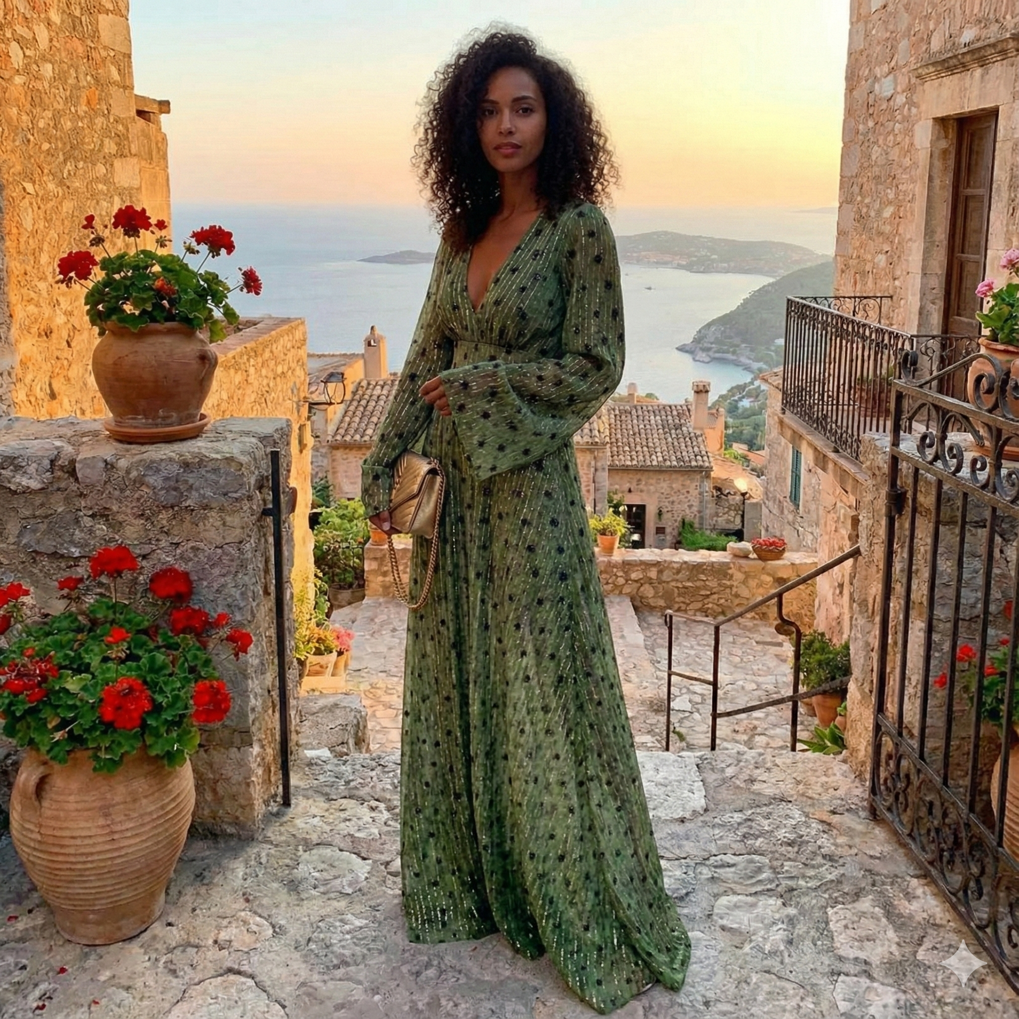 Green Bohemian Maxi Dress - V-Neck Long Sleeve Evening Gown — Image 3