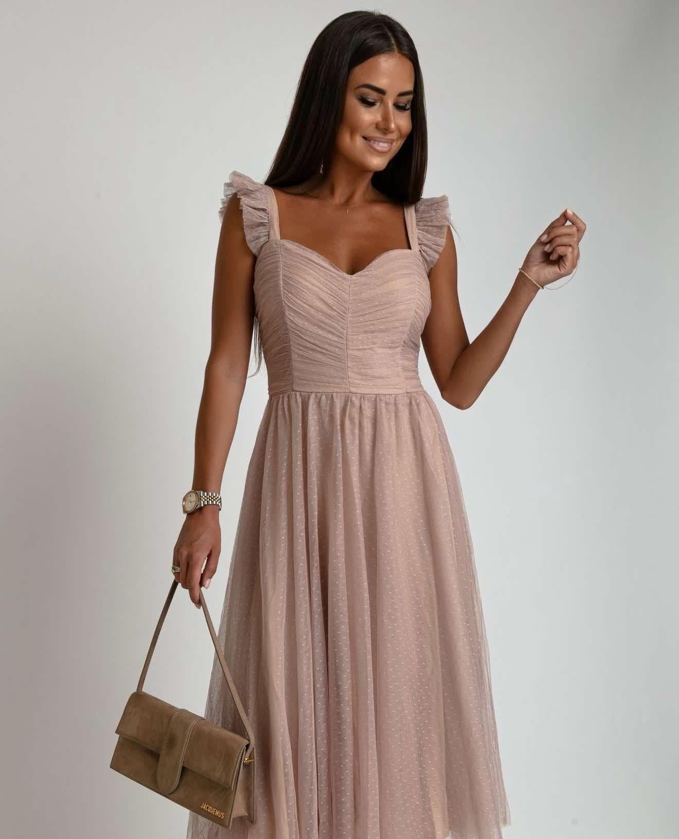 Pink Tulle Ruffled Sleeve Midi Dress - Elegant Women's Formal Party Dress — Image 2