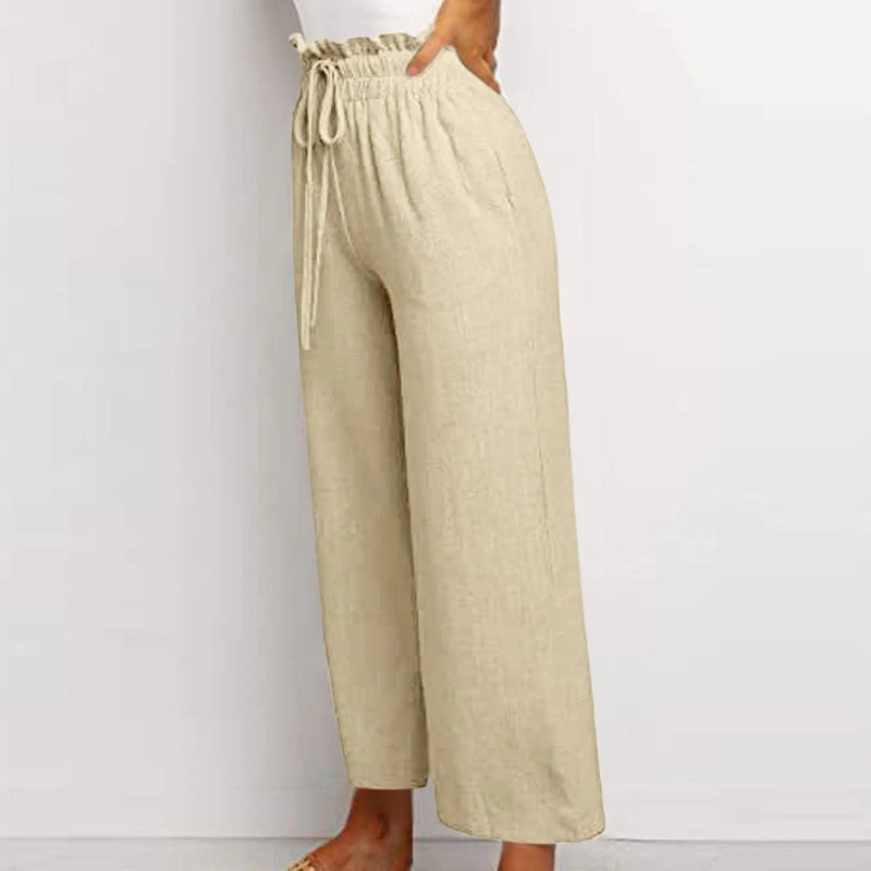 Women's Linen Wide Leg Pants High Waist Elastic Drawstring Casual Trousers — Image 9