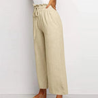 Women's Linen Wide Leg Pants High Waist Elastic Drawstring Casual Trousers — Image 9