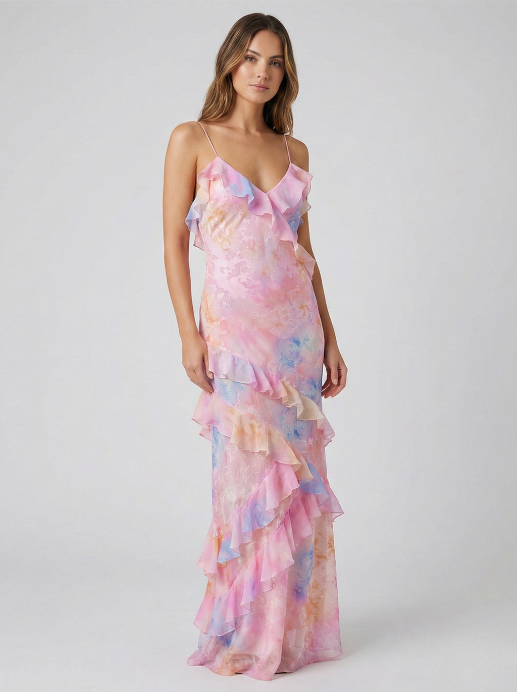 Floral Ruffle Maxi Dress - Pink/Yellow Chiffon Gown with Spaghetti Straps and Tiered Ruffles — Main Image