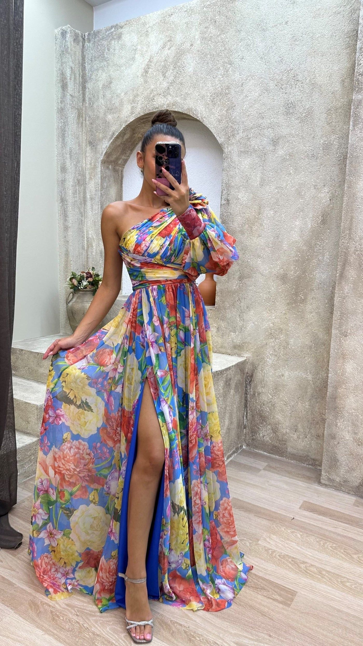 Floral One-Shoulder Maxi Dress with Slit - Women's Evening Gown Multicolor Chiffon — Image 5