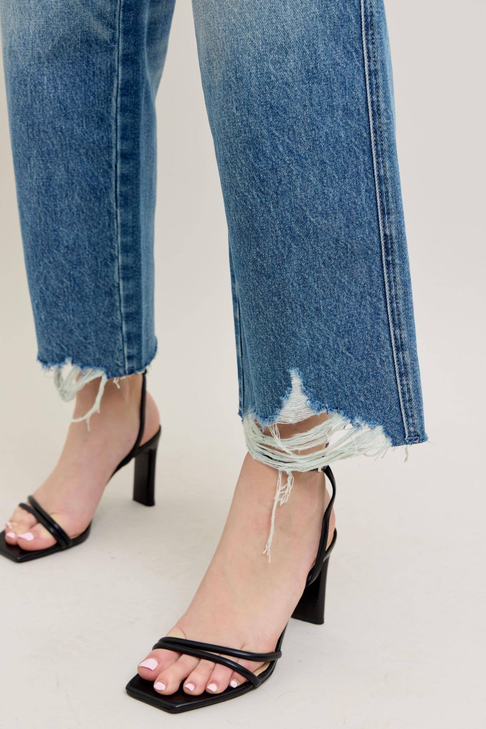 Judy Blue Women's Wide-Leg Distressed High-Waisted Jeans Blue Denim Frayed Hem — Image 4