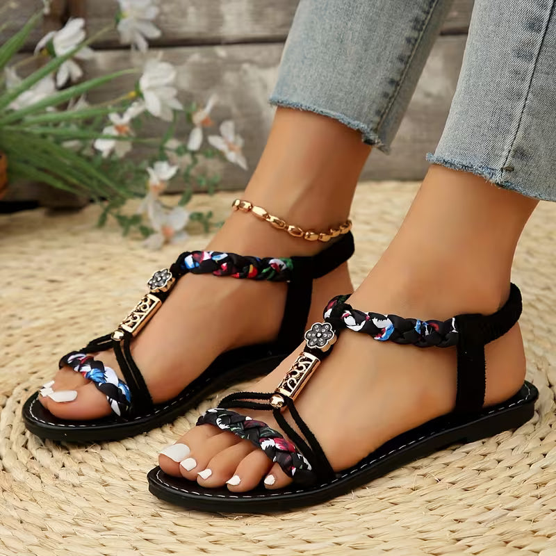 Women's Floral Braided Strap Sandals Multicolor Bohemian Style Summer Footwear — Image 3