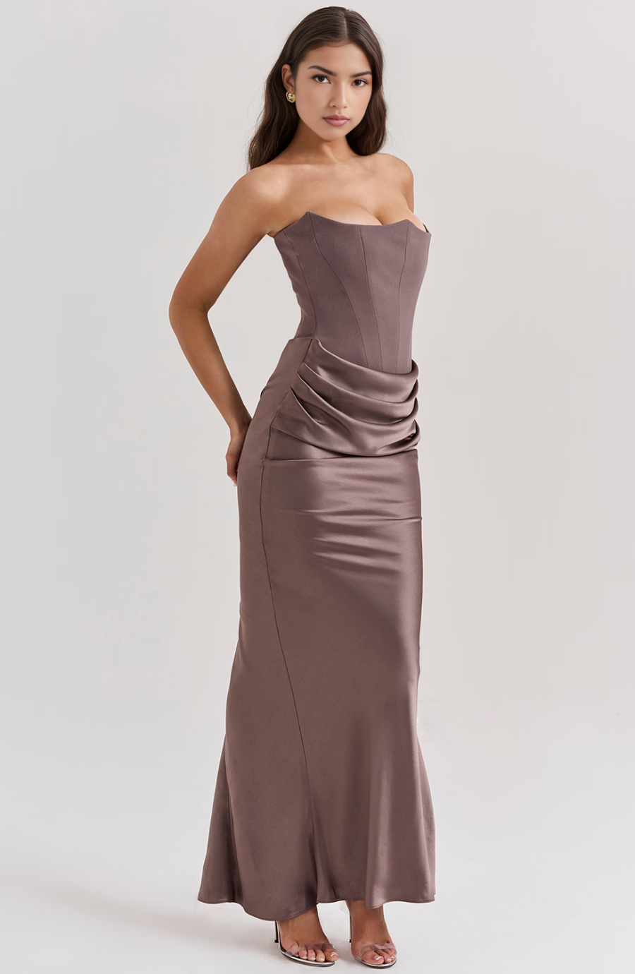 Strapless Corset Maxi Dress Satin Formal Evening Gown - Black, White, Pink, Taupe — Image 6