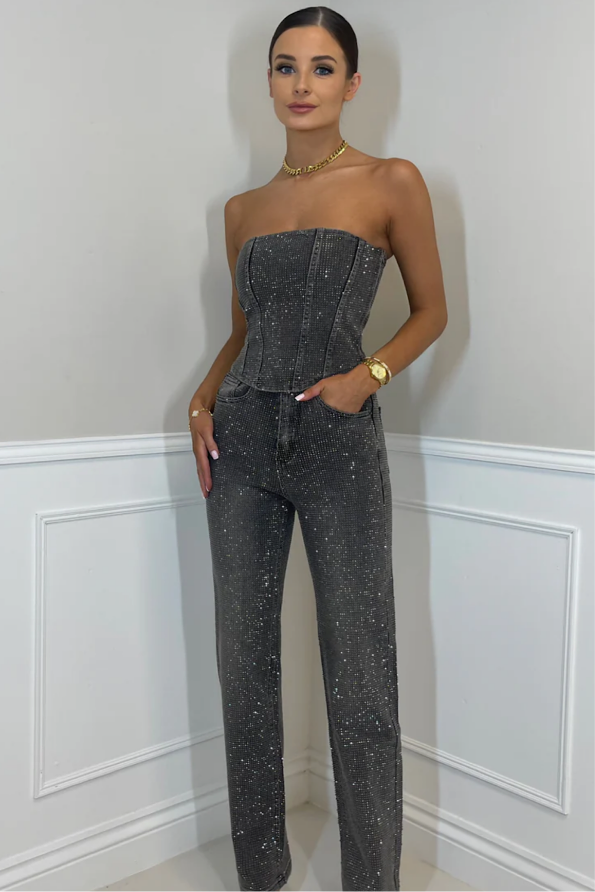 Rhinestone Denim Corset & Pants Set Gray Denim — Image 4