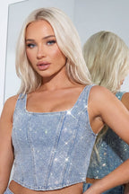 Denim Corset Top Rhinestone Embellished Light Blue. Sleeveless Women's Fashion Top. — Main Image
