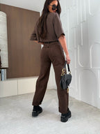 Brown Crop Top and Wide Leg Jeans Set - Women's Cotton Blend Outfit — Image 5
