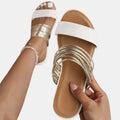 Women's Open Toe Slip-On Sandals Gold Straps Summer Flats Casual — Main Image