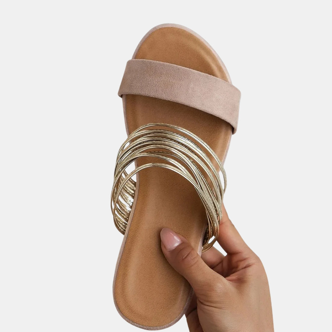 Women's Open Toe Slip-On Sandals Gold Straps Summer Flats Casual — Image 5