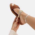 Women's Open Toe Slip-On Sandals Gold Straps Summer Flats Casual — Image 4
