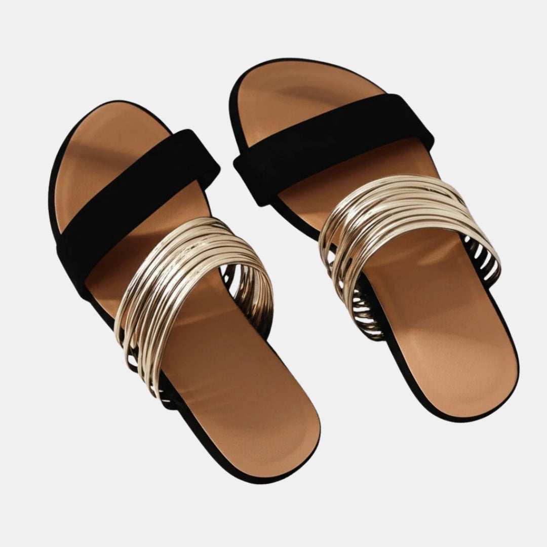 Women's Open Toe Slip-On Sandals Gold Straps Summer Flats Casual — Image 6