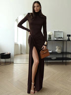Brown Turtleneck Maxi Dress with Twist Front and Thigh Slit — Image 7