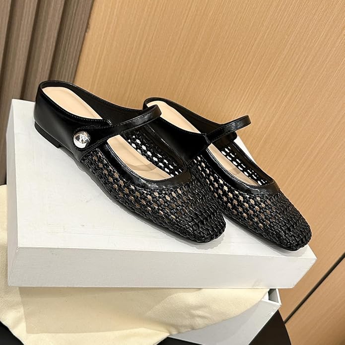 Elegant Women's Woven Flats Gold & Black Leather Mary Jane Style Comfortable Shoes — Image 5