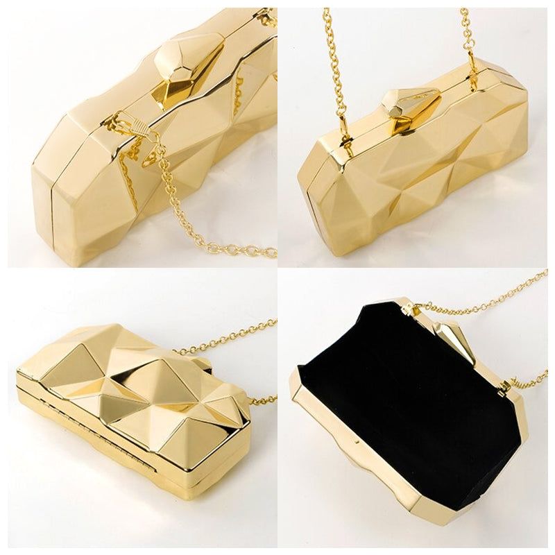 Geometric Clutch Evening Bag Gold, Chain Strap, Faceted Design Metal — Image 5