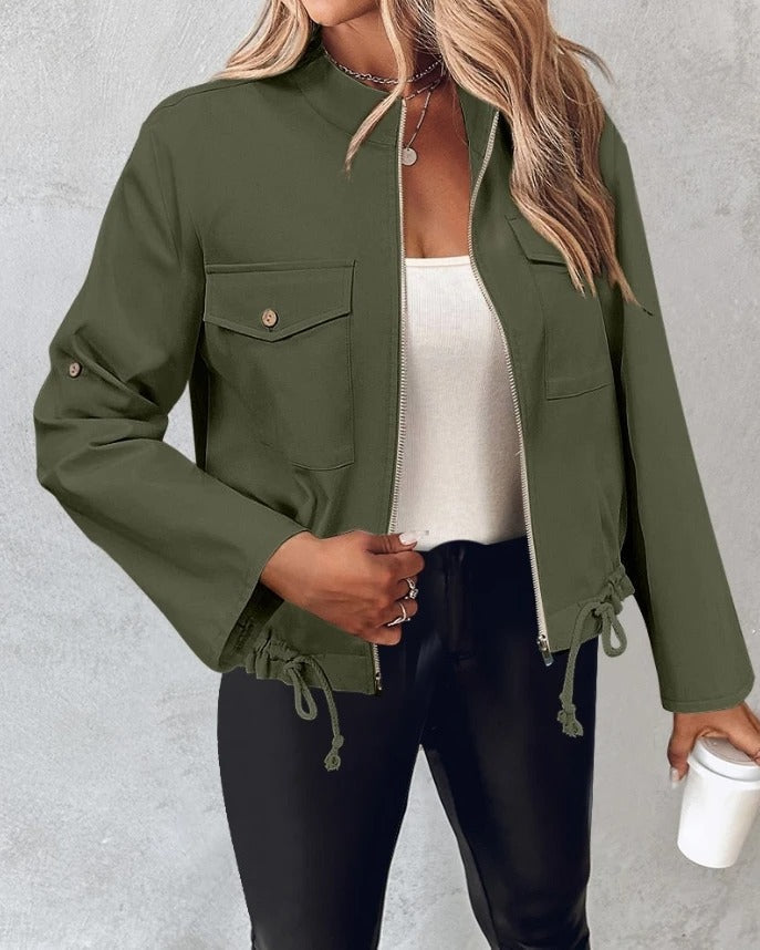 Women's Casual Bomber Jacket Lightweight Zip-Up Adjustable Drawstring Hem Roll-Up Sleeves Olive Green — Image 3