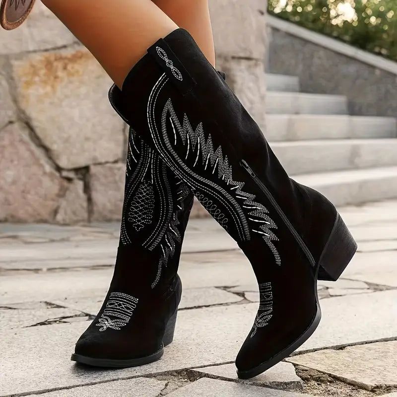Embroidered Western Cowboy Boots Women's Suede Leather Pointed Toe Block Heel [Color] — Image 11