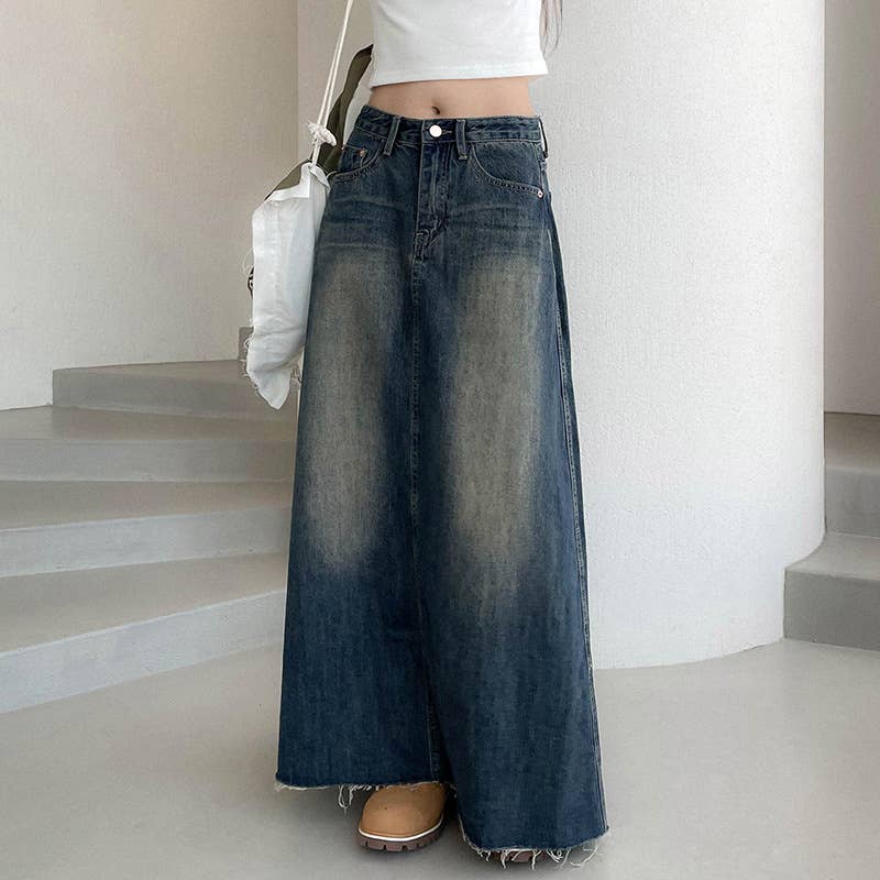 Women's Denim Maxi Skirt Frayed Hem Blue Cotton Casual Long Skirt — Image 2
