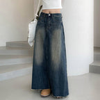 Women's Denim Maxi Skirt Frayed Hem Blue Cotton Casual Long Skirt — Image 2