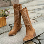 Embroidered Western Cowboy Boots Women's Suede Leather Pointed Toe Block Heel [Color] — Image 5