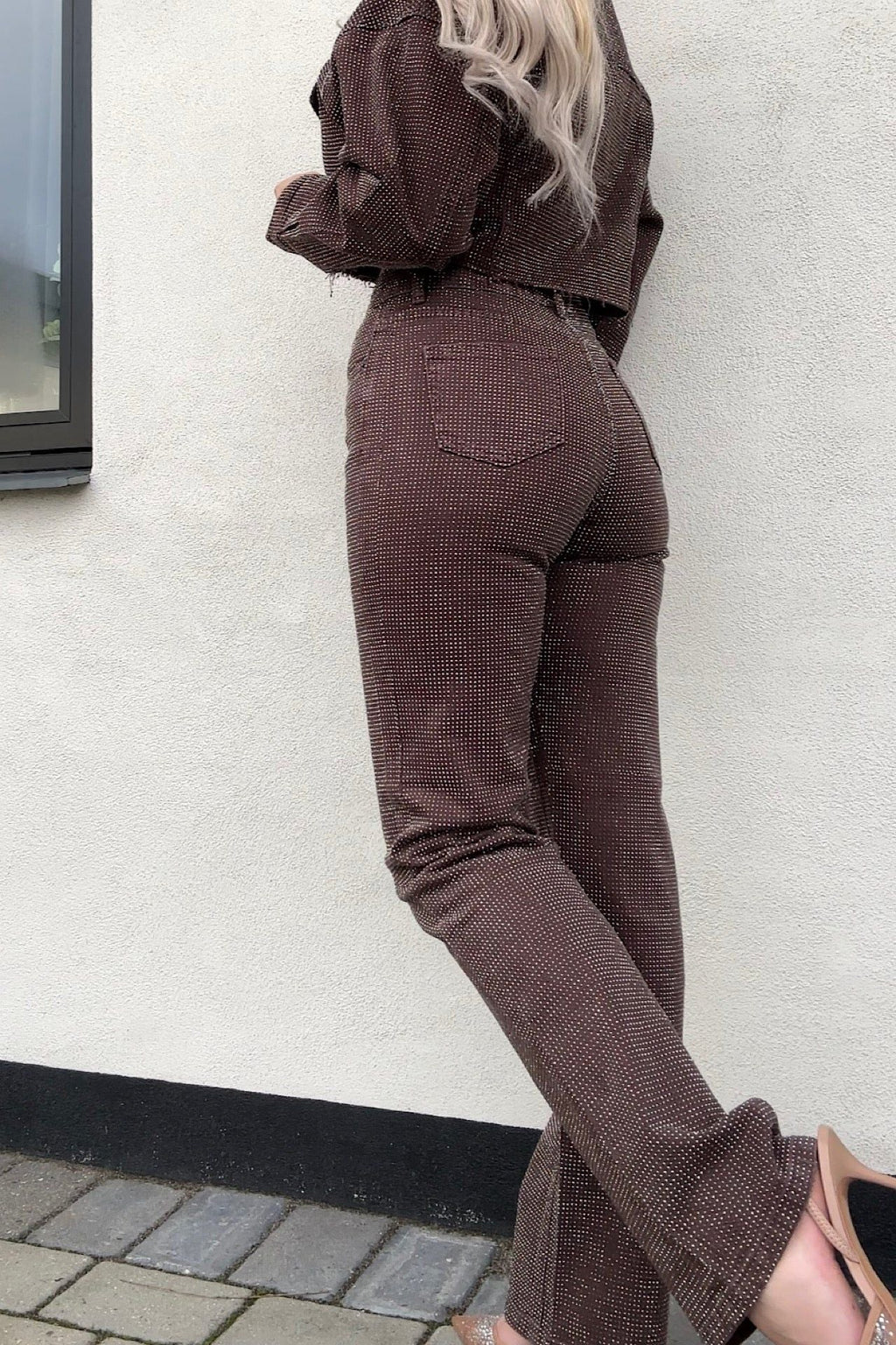 Brown Rhinestone High Waist Flare Jeans. Women's embellished denim pants. — Image 3