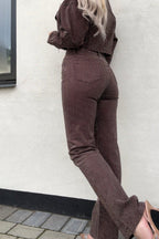Brown Rhinestone High Waist Flare Jeans. Women's embellished denim pants. — Image 3