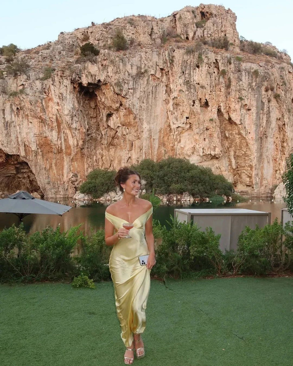 Satin Maxi Dress Off-Shoulder Yellow Evening Gown — Image 5