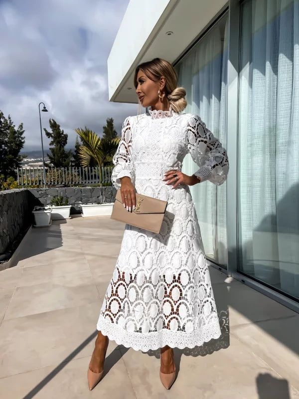 Lace Midi Dress, Long Sleeve, High Neck, A-Line, Pink/Black/White. Elegant Cocktail Party Dress for Women. — Image 3
