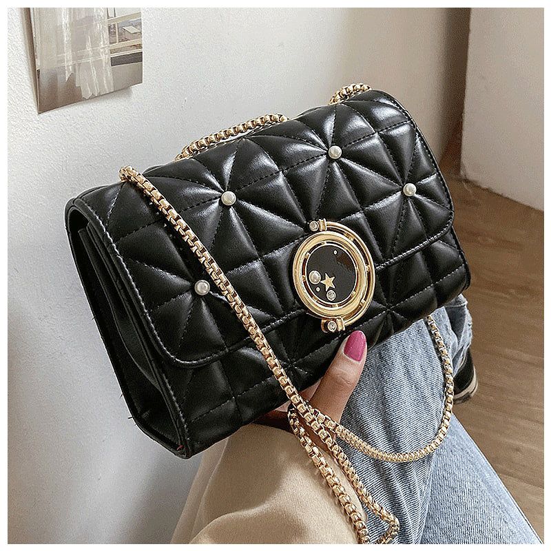 Quilted Crossbody Bag Black Faux Leather Chain Strap Pearl Accents — Image 4