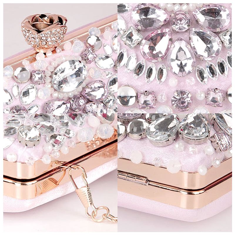 Crystal Embellished Evening Clutch Bag Pink Rhinestones Pearls Formal Handbag — Image 4
