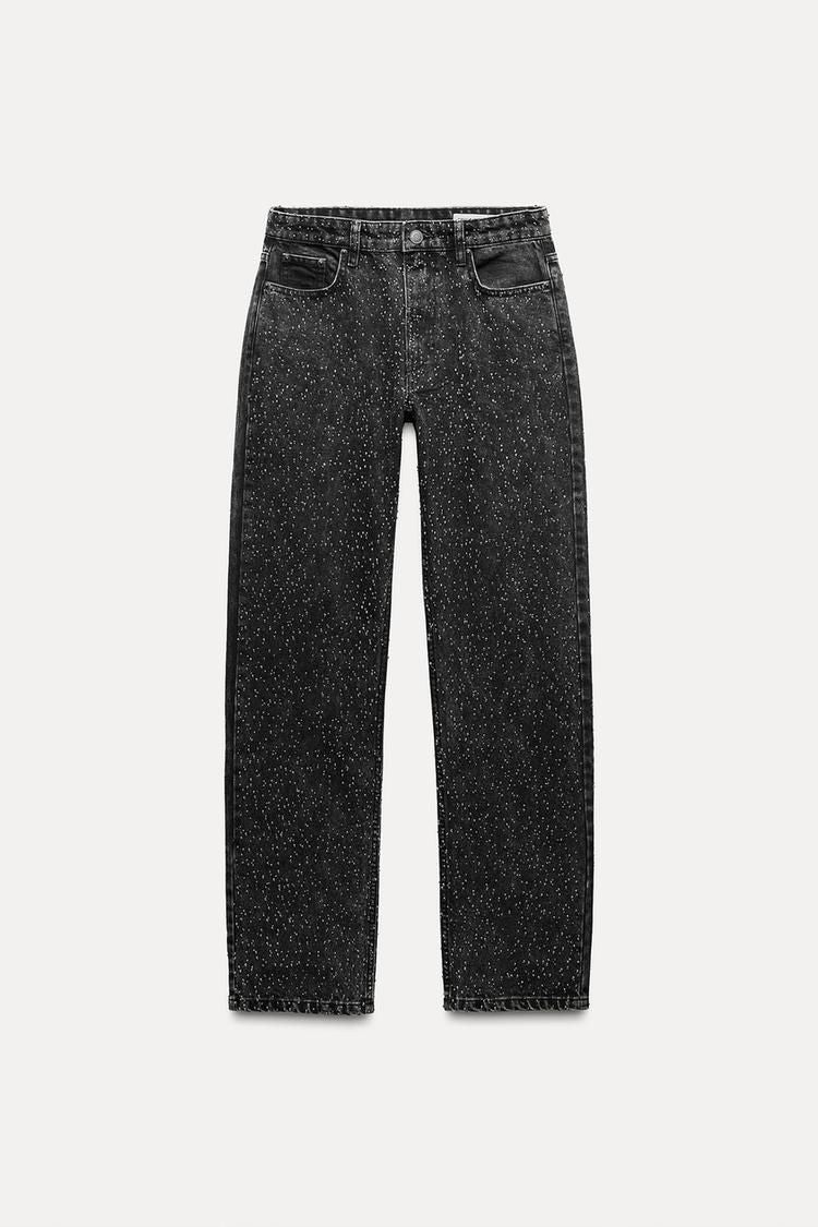 Sparkle Wide Leg Jeans Denim Blue Rhinestone Embellished Women's High Waist — Image 4