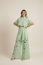 Floral Lace Two-Piece Set: Cropped Shirt & Wide Leg Pants - White Polyester Lace - Women's Fashion — Image 14