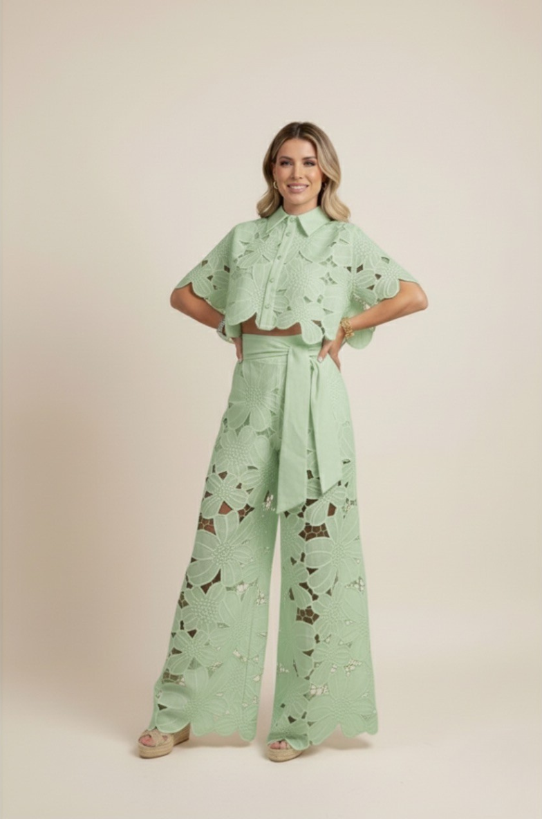 Floral Lace Two-Piece Set: Cropped Shirt & Wide Leg Pants - White Polyester Lace - Women's Fashion — Image 14