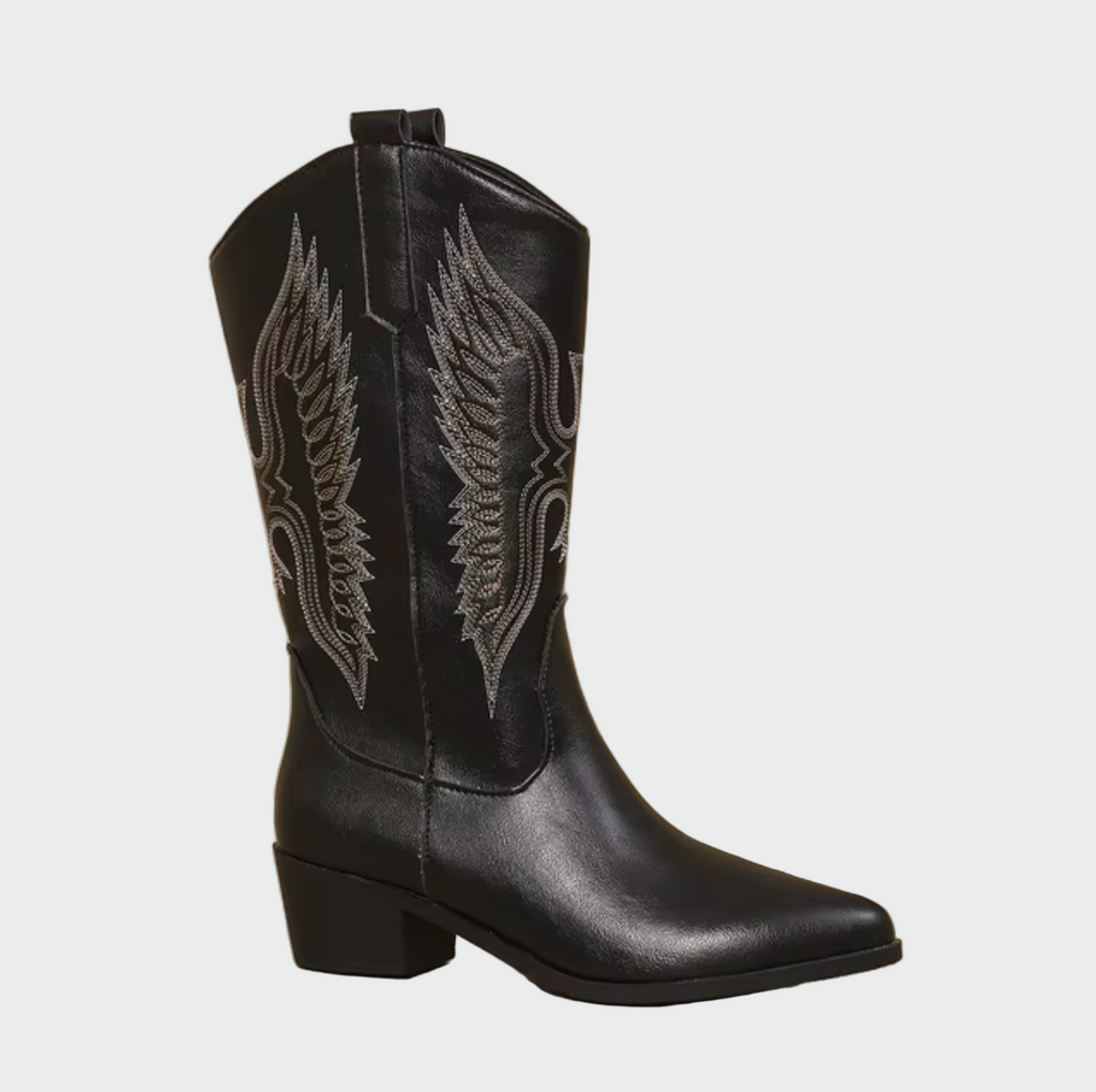 Western Cowboy Boots with Embroidered Design in Black, White, Brown Leather — Main Image