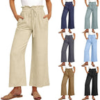Women's Linen Wide Leg Pants High Waist Elastic Drawstring Casual Trousers — Image 8