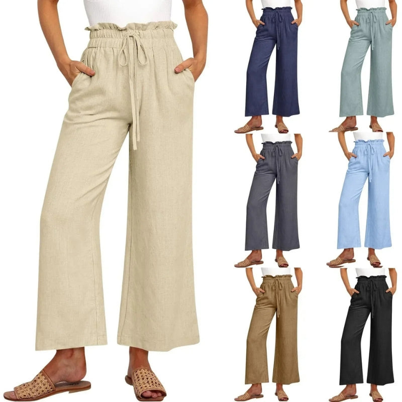 Women's Linen Wide Leg Pants High Waist Elastic Drawstring Casual Trousers — Image 8