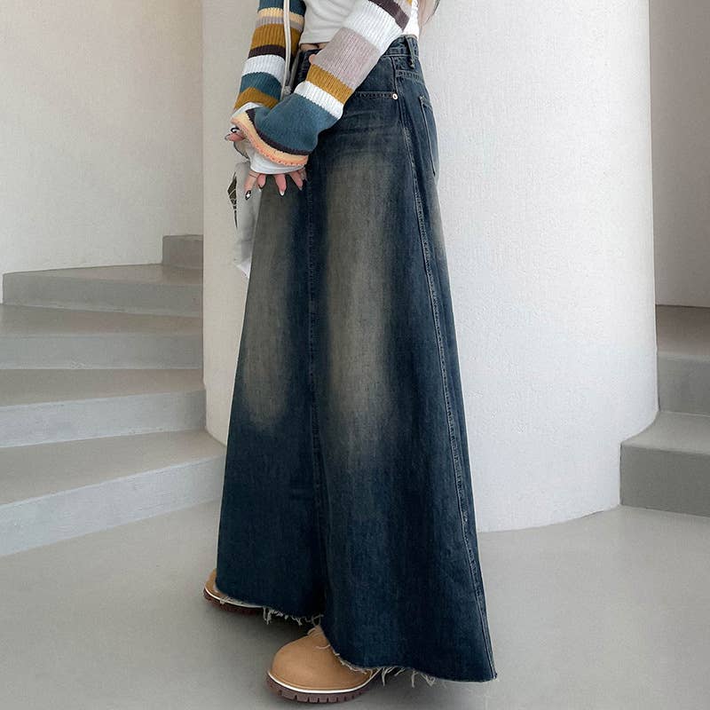 Women's Denim Maxi Skirt Frayed Hem Blue Cotton Casual Long Skirt — Image 5